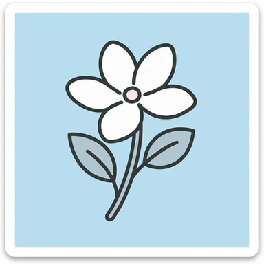 una flor de jazmín blanca con hojas verdes sobre fondo celeste, estilo minimalista sticker