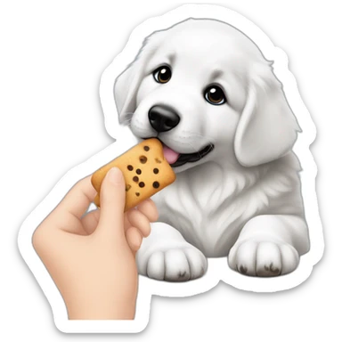 Little Great pyrenees puppy with black spot on one eye posing on the side looking at a hand with a treat sticker