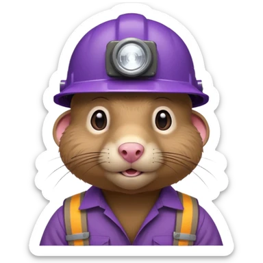 a mole rat, headlamp, BROWN worker cloth, purple helmet,  sticker