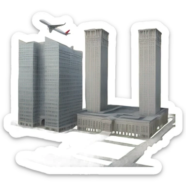 Two Large building towers with an airplane into  sticker