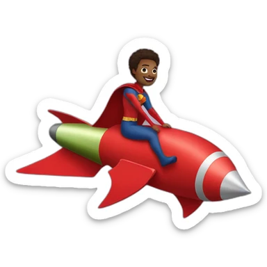 person dressed with a superhero cape but without mask is riding on a rocket sticker
