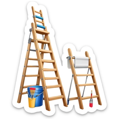Create an icon that represents the hobby of wall painting. The design should feature a wall with a beautiful, frameless painting in progress. Include a paint bucket with brushes and rollers, as well as a wooden ladder, symbolizing the process of creating the artwork. The wall should have visible brush strokes, indicating the work in progress. The composition should be harmonious and balanced, reflecting both the artistic and practical aspects of wall painting. The background should be transparent. sticker