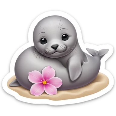 A small, slim baby seal resting gracefully on a sandy beach, with a delicate pink flower placed on its head.  Grey color sticker