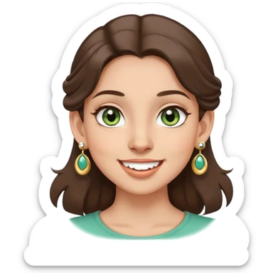 girl with gray-green eyes, brown hair, multiple earrings, mole on cheek, joyful expression sticker