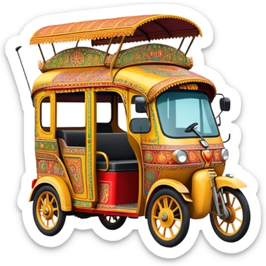 Cinematic Realistic Indian Auto Rickshaw Emoji, depicted as a colorful, bustling auto rickshaw with intricate designs and vibrant hues, rendered with lively textures and dynamic urban lighting that captures its quintessential presence in Indian cities. sticker