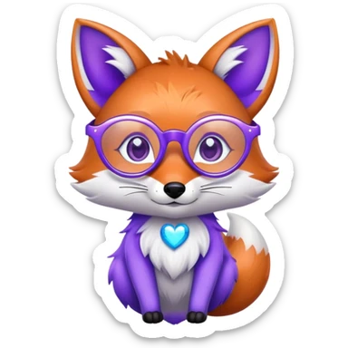A whimsical fox with sparkling purple-blue fur, a glowing tail, a silver star on its forehead, and round glasses, with heart-shaped eyes, looking in love. 🦊😍 sticker