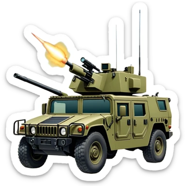 Humvee (2005) – Cinematic-realistic Humvee, its rugged olive-green frame bouncing over rough desert terrain. Soldiers grip their weapons tightly as the turret gunner scans the horizon, dust kicking up behind the armored vehicle under the blazing midday sun, with distant radio chatter crackling through the air. sticker