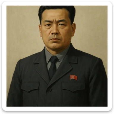 Portrait of a North Korean man, serious and stern, official portrait of a chief engineer at a shipyard, wearing formal dark clothing, neutral background, restrained style, DPRK propaganda style portrait, minimalist, masculine, confident gaze sticker