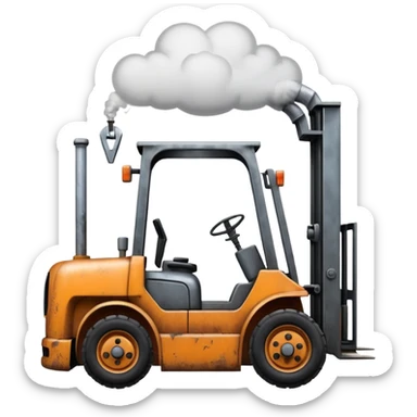 ugly, broken forklift with clouds of smoke around sticker