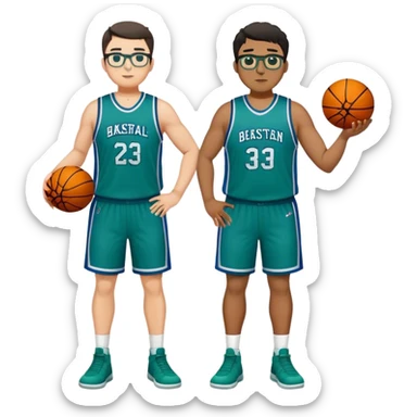 Full Body plus size tall white male with dark short hair basketball player wearing glasses wearing blue green uniform sticker