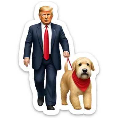 President Donald trump walking a wheaten terrier wearing a red bandana sticker