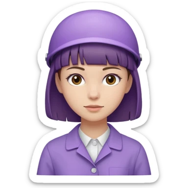 A young female slim nurse with short Brown hair with fringe over her forehead, wearing larvendar purple working cloth, without hat sticker