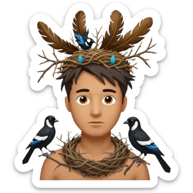 A man who has a magpie birds nest on top of his head for hair sticker
