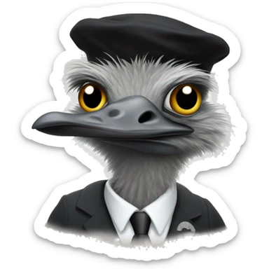 Emu with a black beret with the office of the judge advocate seal behind sticker