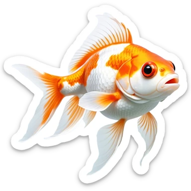 Cinematic Noble Orange and White Goldfish Portrait Emoji, Poised and regal, with a sleek, streamlined build and a vibrant body featuring a harmonious blend of orange and white hues, deep-set soulful golden eyes, Simplified yet sharp and sophisticated features, highly detailed, glowing with a soft, dignified glow, high shine, intelligent and graceful, stylized with an air of aquatic artistry, focused and attentive, soft glowing outline, capturing the essence of a watchful and confident aquatic companion, so majestic it feels as though it could glide out of the screen with effortless authority! sticker