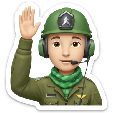 Soldier emoji head in green military helmet, large ear protectors, headset microphone, light green checkered scarf around neck, gray face, confident greeting pose with right hand raised in salute, vibrant colors, high detail on helmet textures and fabric, bust view, ultra-detailed PNG alpha channel sticker
