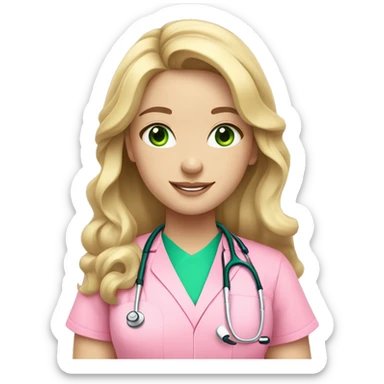 pale blonde girl with long wavy hair and green eyes wearing pink scrubs and stethoscope  sticker