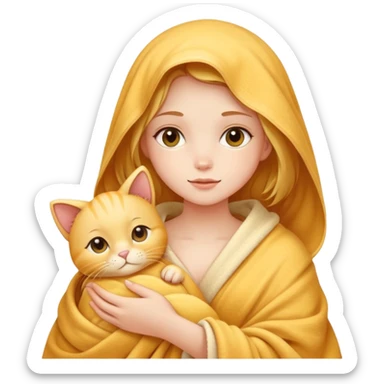 A beautiful girl with fair skin - just after taking a bath - wrapped in a blanket and holding a golden cat sticker