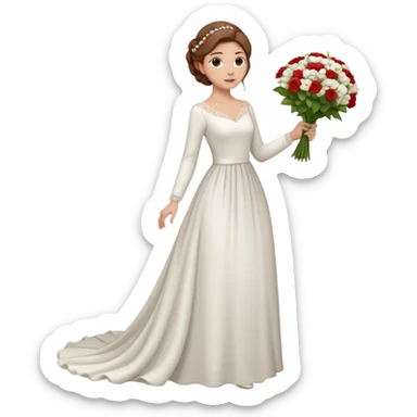 Chica blanca, cabello castaño, recogido en moño alto con mechones, vestido novia de manga larga, cuerpo entero, ramo de flores en una mano, cola trasera sticker