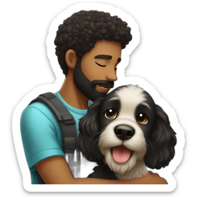 A black hairy puppy kissing Bearded young man sticker
