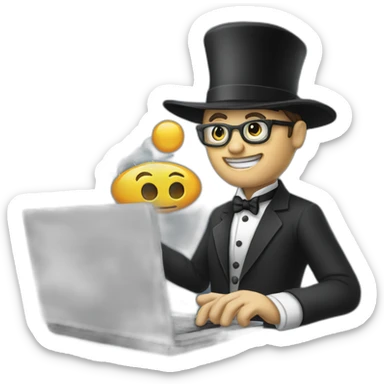 magician programming a laptop with an emoji of a truck on the laptop screen sticker
