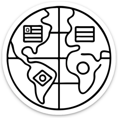 Outlined world globe with different national flags marked on the continents sticker