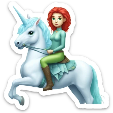 [(a light green Amazon alien woman with red hair with blue eyes) on a (four-legged white unicorn with a light blue mane)] sticker