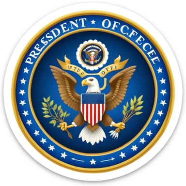Presidential seal with eagle in the center holding vines and arrows, the center of the seal is blue and the outline is gold with blue letters that say THE PRESIDENT OFFICE OF THE sticker