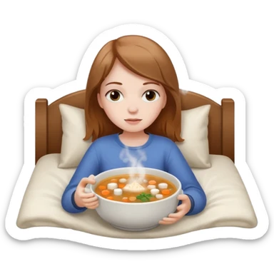 tazita de sopa, pastillas al lado y una chica en una cama sticker