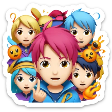 Icon for Anime: vibrant, dynamic scene with popular anime characters in action, featuring exaggerated expressions and colorful backgrounds. The design should reflect the distinct, energetic style of anime, with iconic eyes and unique visual elements. Transparent background. sticker