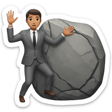 a man in a suit  pushing a huge rock sticker
