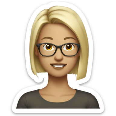 Girl, Social media manager, short blond hair, metal glasses, apple accesories sticker