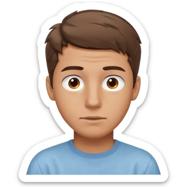create an emoji of a teenage man, oval face. No wrinkles. he has an American look, very messy brown hair, brown eyes, very slightly tanned skin, natural lips. he wears a short sleeve light blue shirt sticker