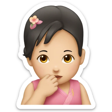 chinese baby girl posing with her hand on her chin, like hand holding her face up  sticker