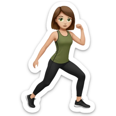 Girl with green eyes, brown hair, light skin, and freckles wearing an olive green top with black leggings working out sticker