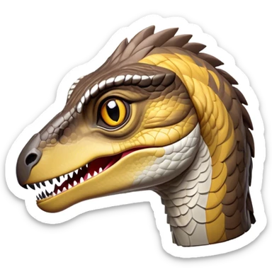 Cinematic Noble Velociraptor Portrait Emoji, Poised and agile, with a slender, streamlined build, sharp, cunning eyes, and a sleek snout hinting at predatory precision, Simplified yet sharply defined features, highly detailed, glowing with a cool, dynamic radiance, high shine, intelligent and swift, stylized with an air of agile prehistoric grace, focused and alert, soft glowing outline, capturing the essence of a watchful and confident Velociraptor that appears ready to dash out of the screen with effortless speed! sticker