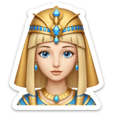 Cleopatra vestita da faraone con il cappello da faraone ma con gli occhi azzurri e i capelli lunghi biondi non troppo chiari con il cappello da faraone dorato senza frangia capelli medio lunghi   sticker