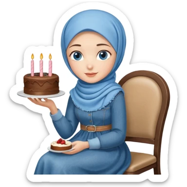 Turkish beautiful finish Konya girl blue eyes with denim hijab long tail dress and sits on the chair and holds cake with her hand  sticker
