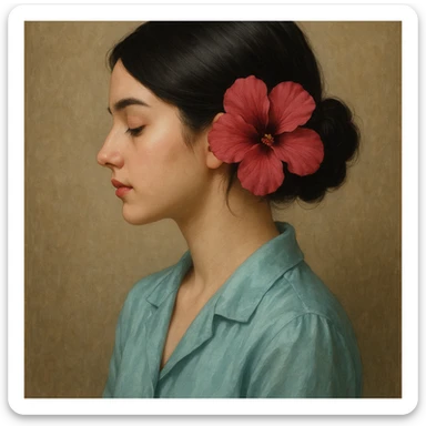 portrait of a black-haired girl with a neat low bun and side hair, face in profile, wearing a light sea blue silk shirt, adorned with a dark pink hibiscus flower, gentle style sticker
