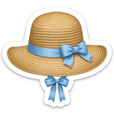 Straw garden hat with light blue ribbon and bow sticker