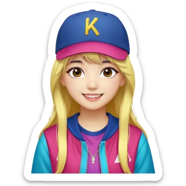 Portrait of a female K-pop idol, wearing a stylish streetwear outfit with layered colorful clothing, long hair with bangs, makeup,  sticker