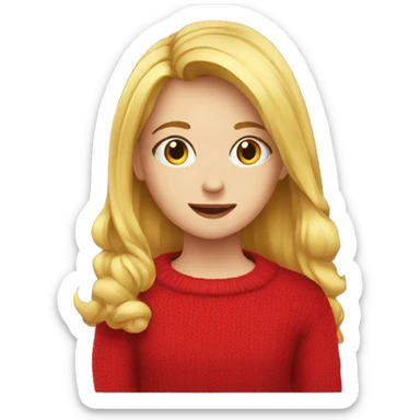 Blond girl with a red sweater with text that says IHM on it sticker