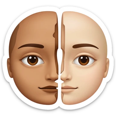 face split into two halves, one half realistic, other half art style sticker