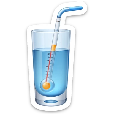 At a 45-degree angle backward and slightly to the right, the thermometer in a glass of water should be gray, like a mercury thermometer, and show 50+>C in 3D format. The water should also be blue. sticker
