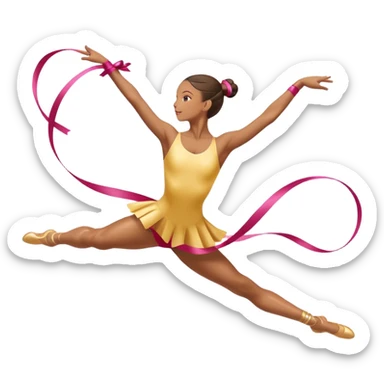 A graceful rhythmic gymnast performing with a flowing ribbon, executing an elegant leap mid-air. The pose exudes flexibility, balance, and artistry. The background suggests a competition arena with soft lighting, emphasizing movement, precision, and the beauty of the sport. sticker