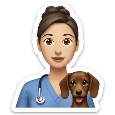 Brunette woman with a top knot wearing scrubs holding a dachshund sticker