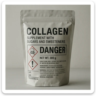 realistic collagen supplement package with sugars and sweeteners, danger symbols, negative atmosphere, clinical details, light background sticker