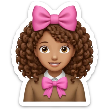 Curly hair brown hair tan skin girl, Pleading Face emoji, using pink bow sticker