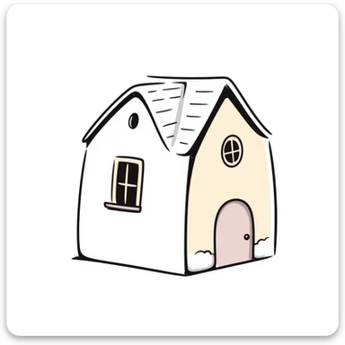 A cute small house/cottage with roof and windows in pastel colors (dd9fb0, ffc6d3, a3bfc9, c4bee2, f1b091), hand-drawn doodle style sticker