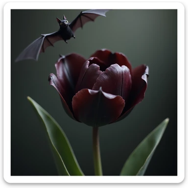 realistic goth tulip with black petals and bat flying above, photorealistic style sticker
